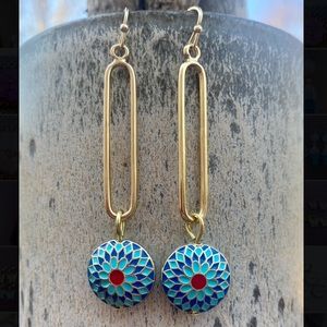 Blue Medallion Gold Dangle Spring Earrings